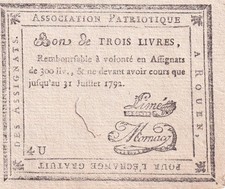 Bon de trois livres - Seine Maritime - Association Patriotique - 1792