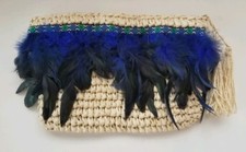 Natural Straw Knitted Women Clutch Purse Wallet Handbag Beach Bag with Feathers 