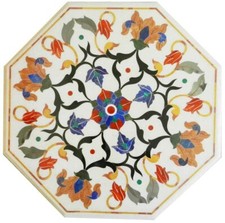 30 " Marbre Blanc Café Table Top Demi Précieux Pierres Incrustation Work