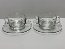 2x Vintage Joe Colombo MCM Italy Glass Soup Bowls Square Handles with Saucers