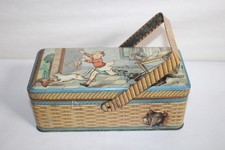 Antique Lithographed Sheet Metal Cookie Box, Basket Shape, Humor Drawing