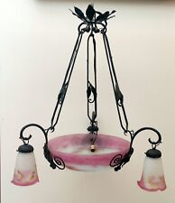 VASIN CHANDELIER 3 TULIP GLASS PASTE PINK WROUGHT IRON SIGN MULLER LUNEVILLE 1900