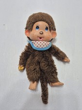 Vintage Monchhichi Monchichi Plush Doll Toy Eating Banana w/Bib Blue Eyes