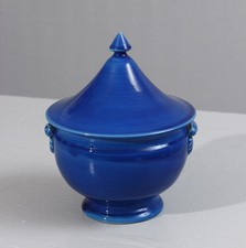 Vintage Pol Chambost Style Crackle Blue Ceramic Vegetable Covered Pot, 1970s