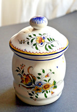 Ancien Pot avec couvercle Décor Rouen Faïence Française Fait Main Signé Année 60