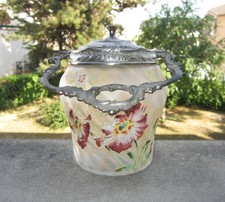 Antique Theodore Legras Cookie Bucket or Jar Enameled Flowers Art Nouveau Decor