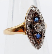 Bague marquise antique or 18k diamant taille ancienne et saphirs (circa 1900)
