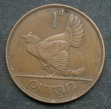 B5) Ireland 1 Pence (Pingin) 1935 EIREANN - Animal Bird Capercillie Hen Turkey Chick