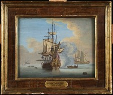 18th CENTURY ENGLISH MARINE GOUACXHE ON PAPER - FRIGATE FITING CANNONS - MONAMY