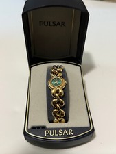 Rare Vintage Gold Tone Pulsar Green Round Dial Chunky Braided Bracelet Watch 