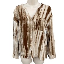 Tie Dye Top Woman M Brown Boho Hippie Linen Blend Office Button Relaxed Shirt