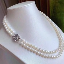 Double strands 18 Inch AAAAA 7-8mm natural South Sea  white pearl necklace
