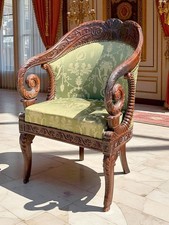 FAUTEUIL D'APPARAT FRANÇAIS  STRUCTURE EN BOIS D ACAJOU SCULPTÉ D' ÉPOQUE EMPIRE