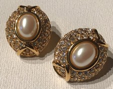 Vintage MONET Jewelry Earrings 22k Gold Plated Swarovski Crystals Faux Pearls