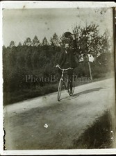 Man on bike country road promenade, photo glass plate VR6L6