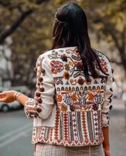 ZARA WOMAN Ivory Boho Aztec Embroidered Pom Pom Blazer Jacket Size L