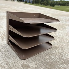Vintage Hunt Lit-Ning 4-Tier Wall Desk File Tray Organizer Brown Metal USA