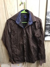 PARC 81 Brown w/ blue stitching Flip Cuff Long Sleeve Shirt - Size Small 14.5-15