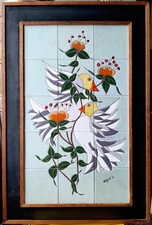 Carrelage mural vintage en cadre bois, faïence ancienne encadrée