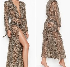 NWOT Victoria’s Secret Sz M L Long Leopard Print Sheer Ruffled Robe Kimono