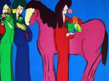 Walasse Ting Pink Horse and Women Art Lithograph on Arches Printers Proof