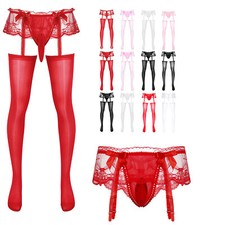 Men Sissy Lingerie Garter Lace Skirted Panties Stockings Crossdresser Underwear