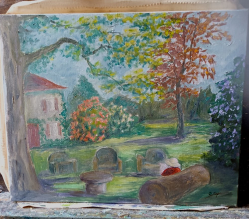 Huile ancienne paysage animé - huile,