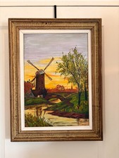 Tableau Peinture Huile Toile Rivière Campagne Paysage Nature Moulin Pont Couché