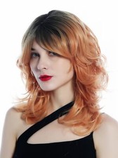 Perruque Femme Ondulée Bouclée Mi-Longue Ombre Noir Cuivre Blond
