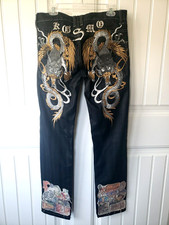 Kosmo Lupo Pants Japan Style Baggy 32-34 Men Black Jeans Y2K Embroidered Dragon
