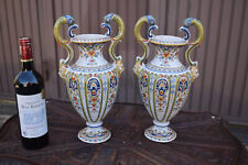 PAIR antique french Faience DESVRES Fourmaintraux marked vases dragon satyr head