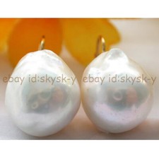 Natural Baroque Nearly Round 14-18mm White Keshi Reborn Pearl Dangle Earrings