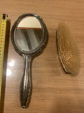 Brush and mirror set silver metal chiseled decor flowers GDH