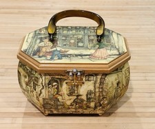 Vintage Anton Pieck 3D Decoupage Wood Octagon Purse Handbag Box Small Town EUC