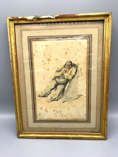 Dessin ancien signé Pierre Letuaire – caricature crayon & aquarelle – cadre doré