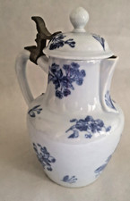 Stunning Porcelain and Pewter Coffee Maker Pitcher Blue Floral Decor