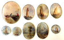 9 MINIATURES MARINE PAINTING ON GLASS EXCEPT A LANDSCAPE UNDER THE SNOW