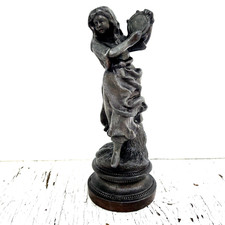 Antique Lady Dancing Playing Tambourine Bronze 8" Metal Statue Sculpture Signed