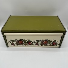 Vintage Bread Box Metal Bin Retro Kitchy Space Age Design MCM Green w/Flowers