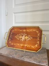 Ancien Plateau Service Bois Marqueterie Laiton Italien SORRENTO Vintage 36x23cm