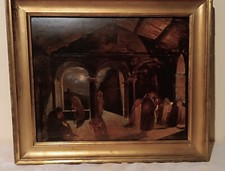 Antique painting large oil sketch on table breeze monastery 19th century