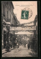 Old postcard Nevers, gymnastics competition, La Rue du Commerce 