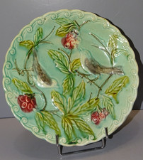 -BELLE ASSIETTE BARBOTINE 2 OISEAUX SUR BRANCHES ARBRES FRUITIERS début XXe   D