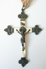 Grande Croix pendentif argent massif nacre mother pearl silver cross 10cm