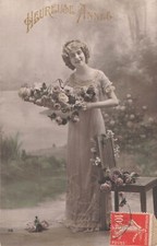 CP HAPPY YEAR WOMAN BASKET ROSES FLOWERS CHAIR - 97002