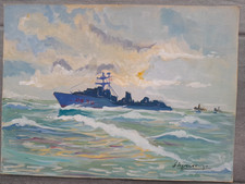 Antique 20th School Painting Navy Sunset Ship Gouache Boat