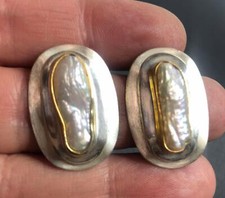2277  STERLING SILVER Marked 925 EP Elongated Biwi pearl earrings 1" long