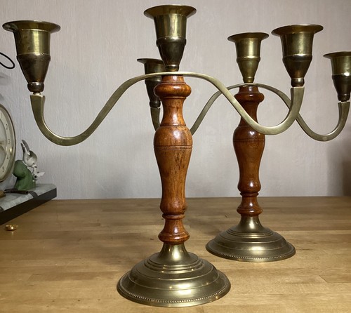 Paire bougeoirs bois laiton - de,