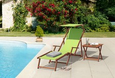 Chaise longue de jardin, bain de soleil pliant, bois massif, tissu pistache