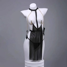 Nuisette robe courte noire transparente bondage bdsm pince tétons chaines dorées